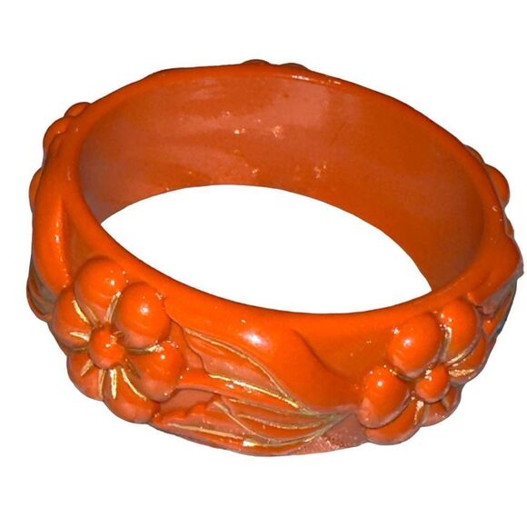 Vintage rust orange floral plastic bangle bracelet - Picture 6 of 9